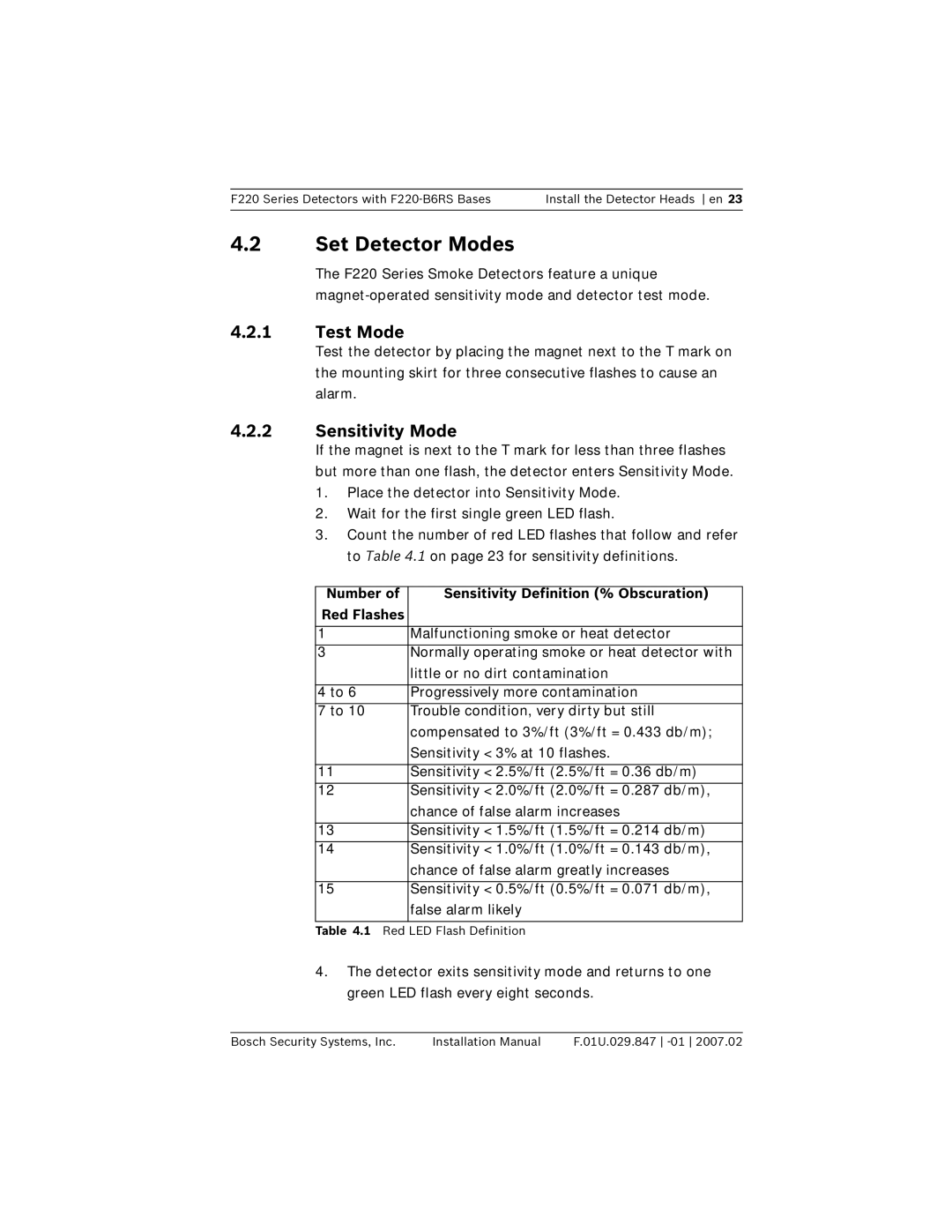 Bosch Appliances F220-B6RS installation manual Set Detector Modes, Test Mode, Sensitivity Mode 