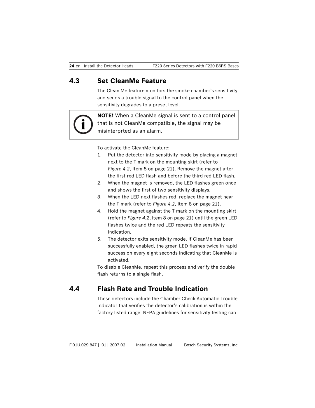 Bosch Appliances F220-B6RS installation manual Set CleanMe Feature, Flash Rate and Trouble Indication 