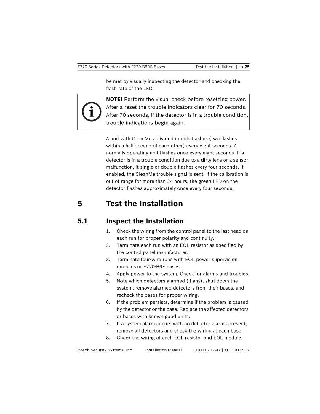 Bosch Appliances F220-B6RS installation manual Test the Installation, Inspect the Installation 