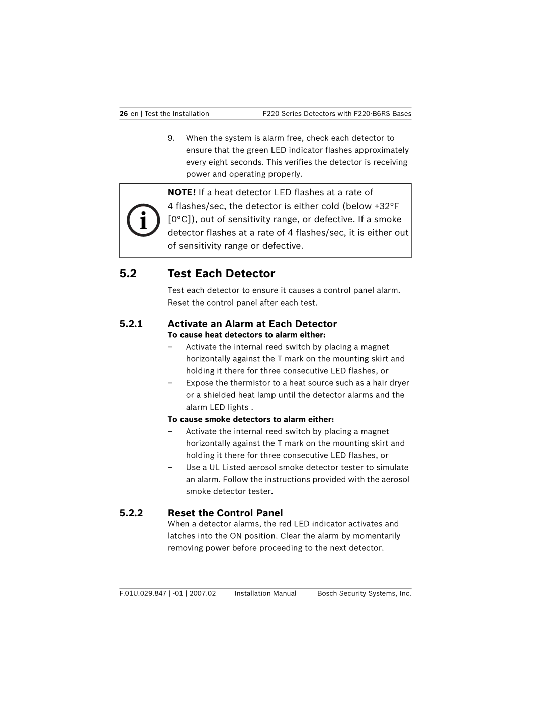 Bosch Appliances F220-B6RS Test Each Detector, Activate an Alarm at Each Detector, Reset the Control Panel 