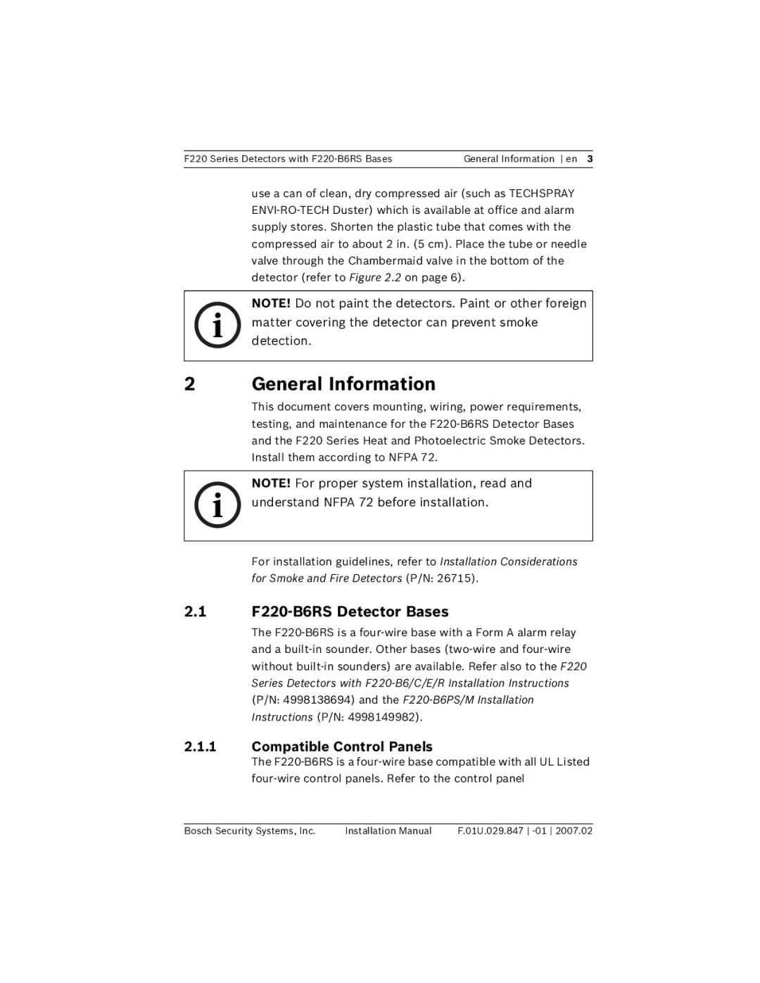 Bosch Appliances F220-B6RS installation manual General Information, Compatible Control Panels 