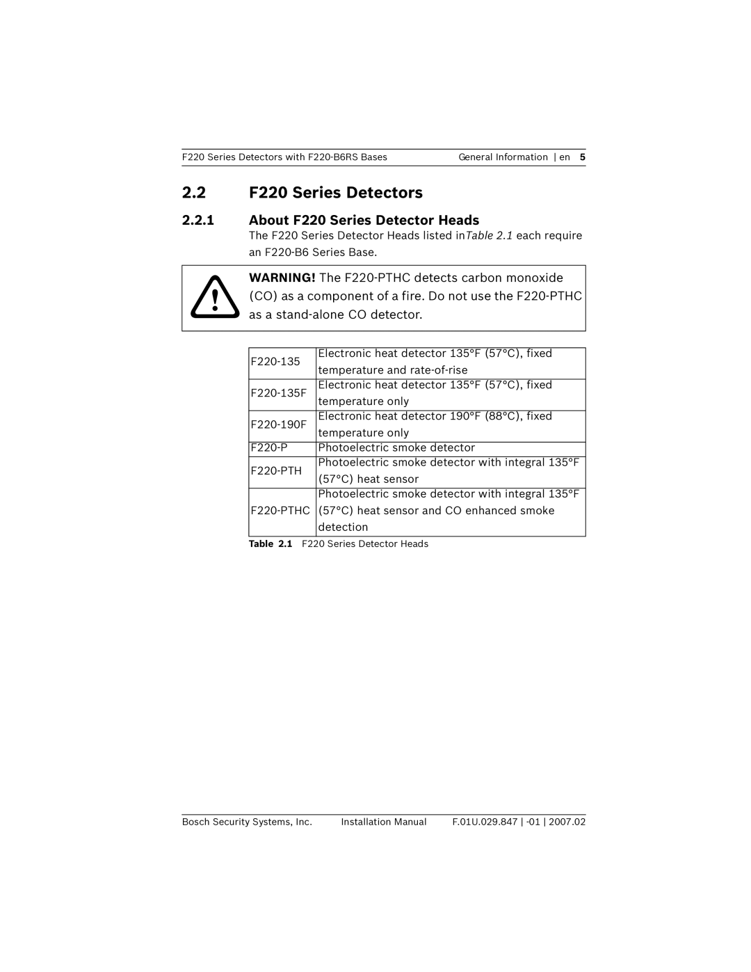 Bosch Appliances F220-B6RS installation manual F220 Series Detectors, About F220 Series Detector Heads 