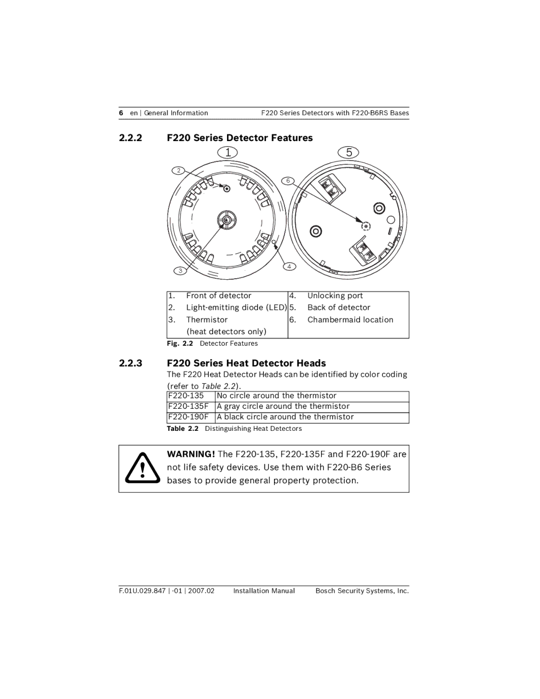 Bosch Appliances F220-B6RS installation manual 2 F220 Series Detector Features, 3 F220 Series Heat Detector Heads 