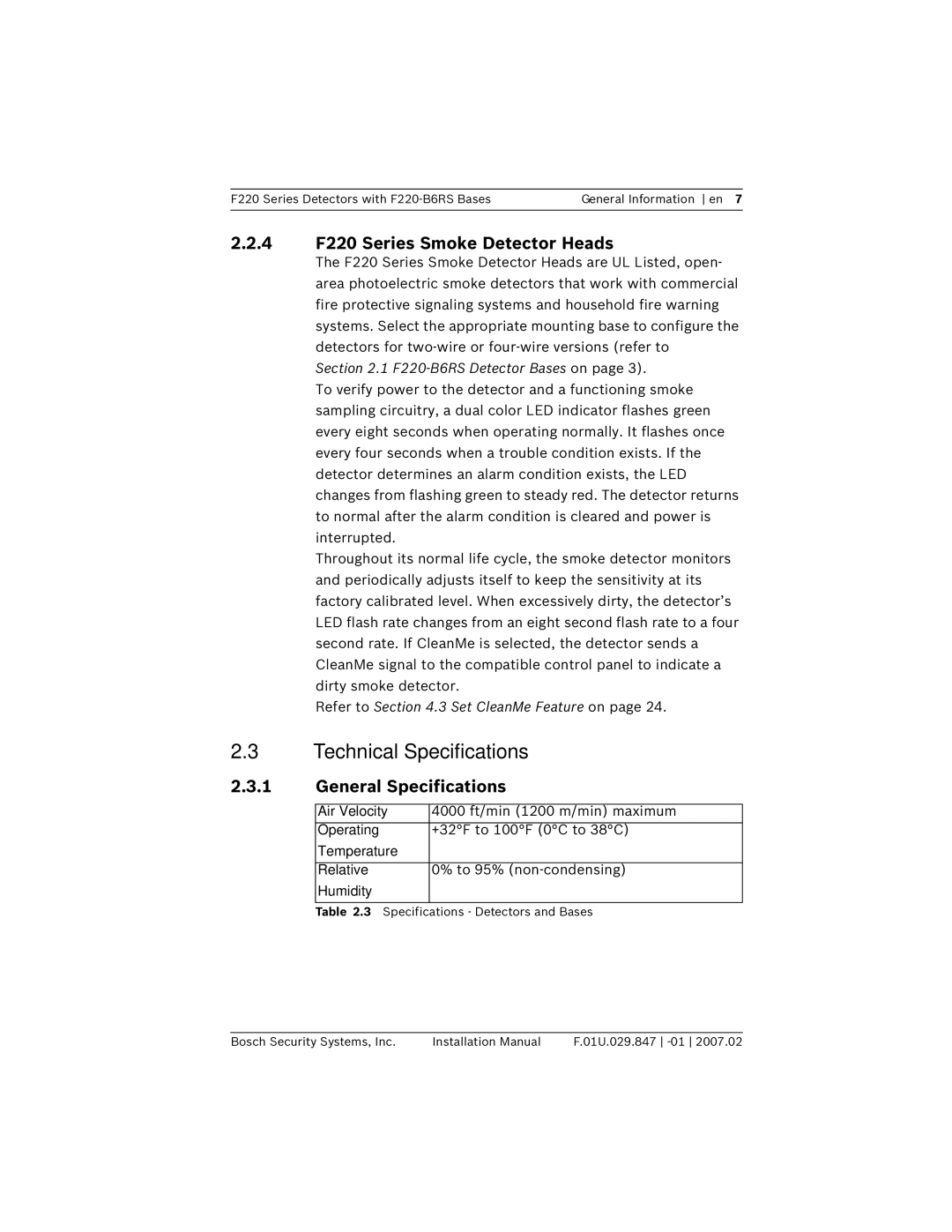 Bosch Appliances F220-B6RS Technical Specifications, 4 F220 Series Smoke Detector Heads, General Specifications 