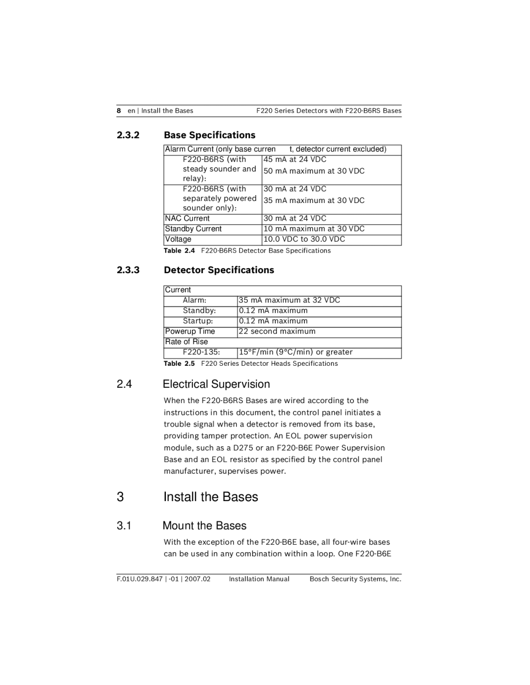 Bosch Appliances F220-B6RS Install the Bases, Electrical Supervision, Mount the Bases, Base Specifications 