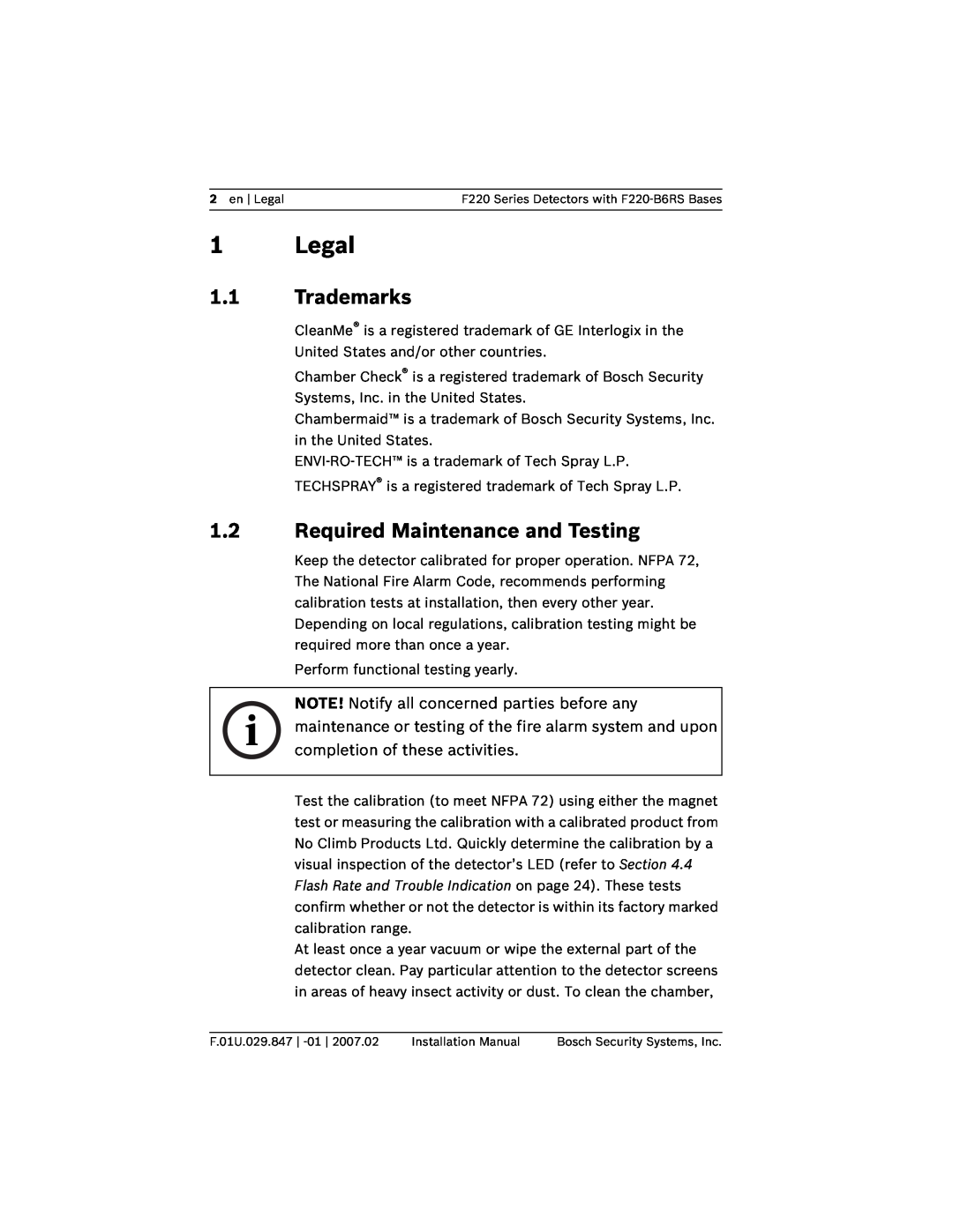 Bosch Appliances F220-B6RS installation manual Legal, 1.1Trademarks, 1.2Required Maintenance and Testing 
