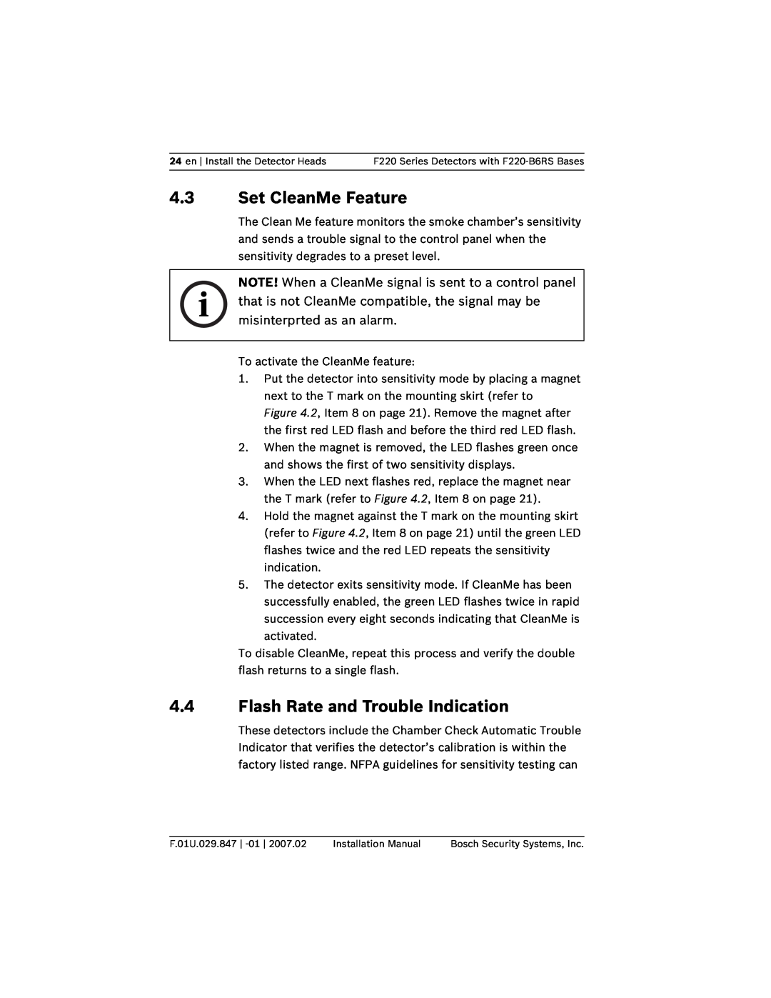 Bosch Appliances F220-B6RS installation manual 4.3Set CleanMe Feature, 4.4Flash Rate and Trouble Indication 
