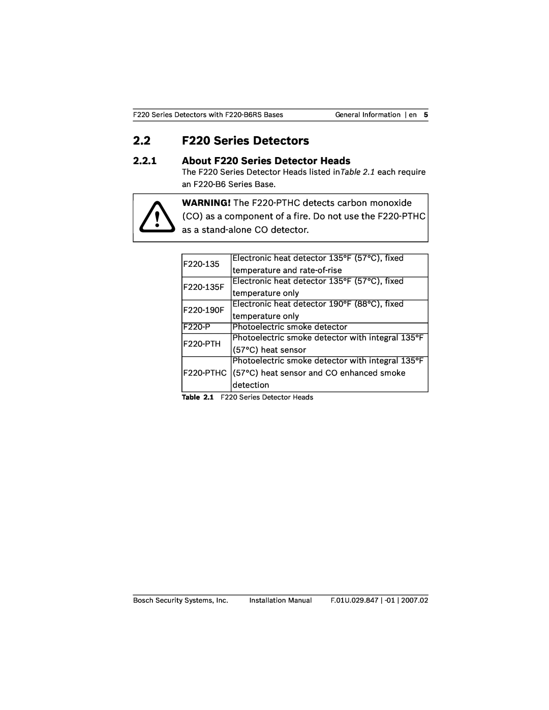 Bosch Appliances F220-B6RS installation manual 2.2F220 Series Detectors, 2.2.1About F220 Series Detector Heads 