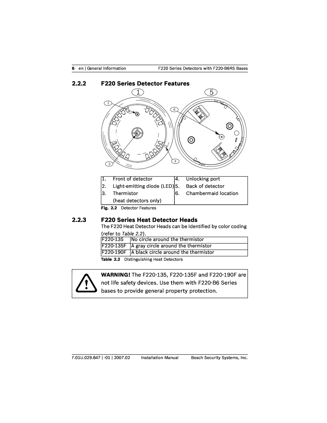Bosch Appliances F220-B6RS installation manual 2.2.2F220 Series Detector Features, 2.2.3F220 Series Heat Detector Heads 