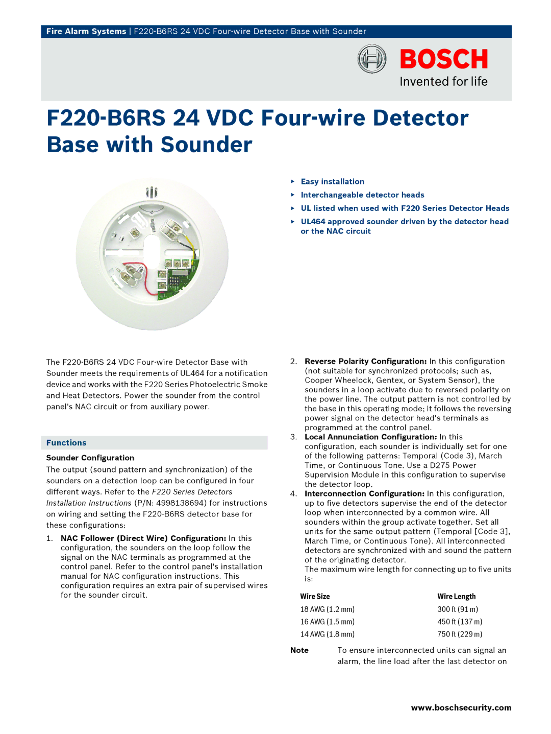 Bosch Appliances F220B6RS installation instructions Functions, Sounder Configuration, Wire Size 