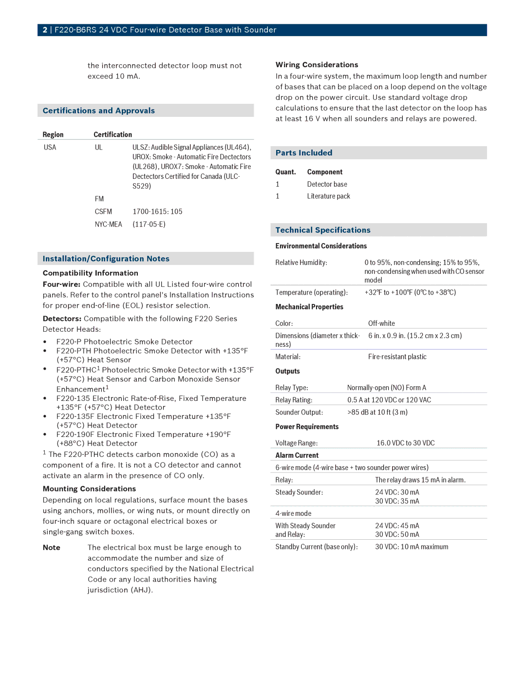 Bosch Appliances F220B6RS Certifications and Approvals, Installation/Configuration Notes, Parts Included 