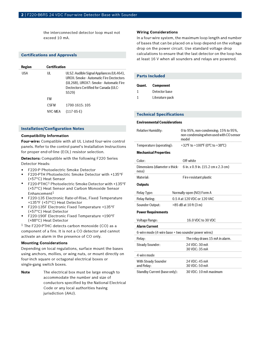 Bosch Appliances F220B6RS Certifications and Approvals, Installation/Configuration Notes, Parts Included 