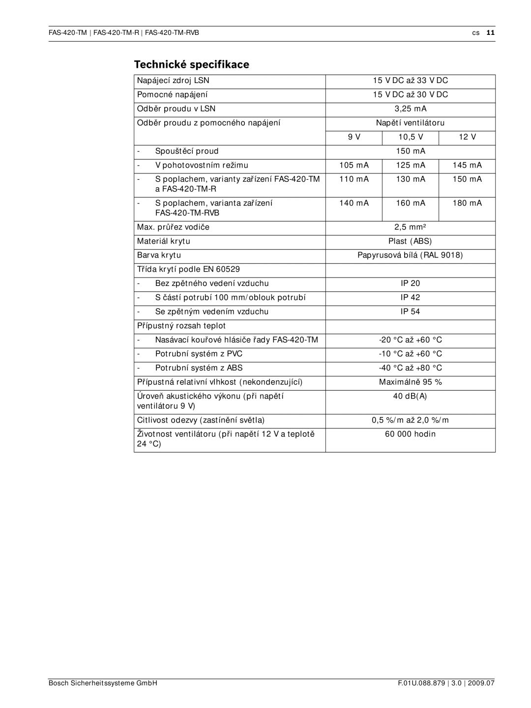 Bosch Appliances manual Technické specifikace, FAS-420-TM-RVB 