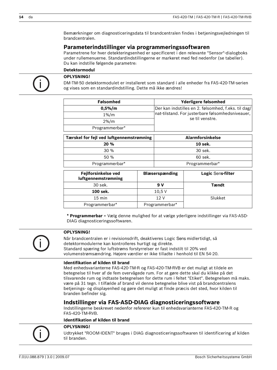 Bosch Appliances FAS-420-TM-RVB manual Parameterindstillinger via programmeringssoftwaren, Detektormodul 