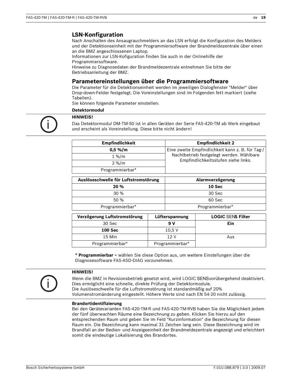 Bosch Appliances FAS-420-TM manual Parametereinstellungen über die Programmiersoftware, Empfindlichkeit %/m, Ein, 100 Sec 