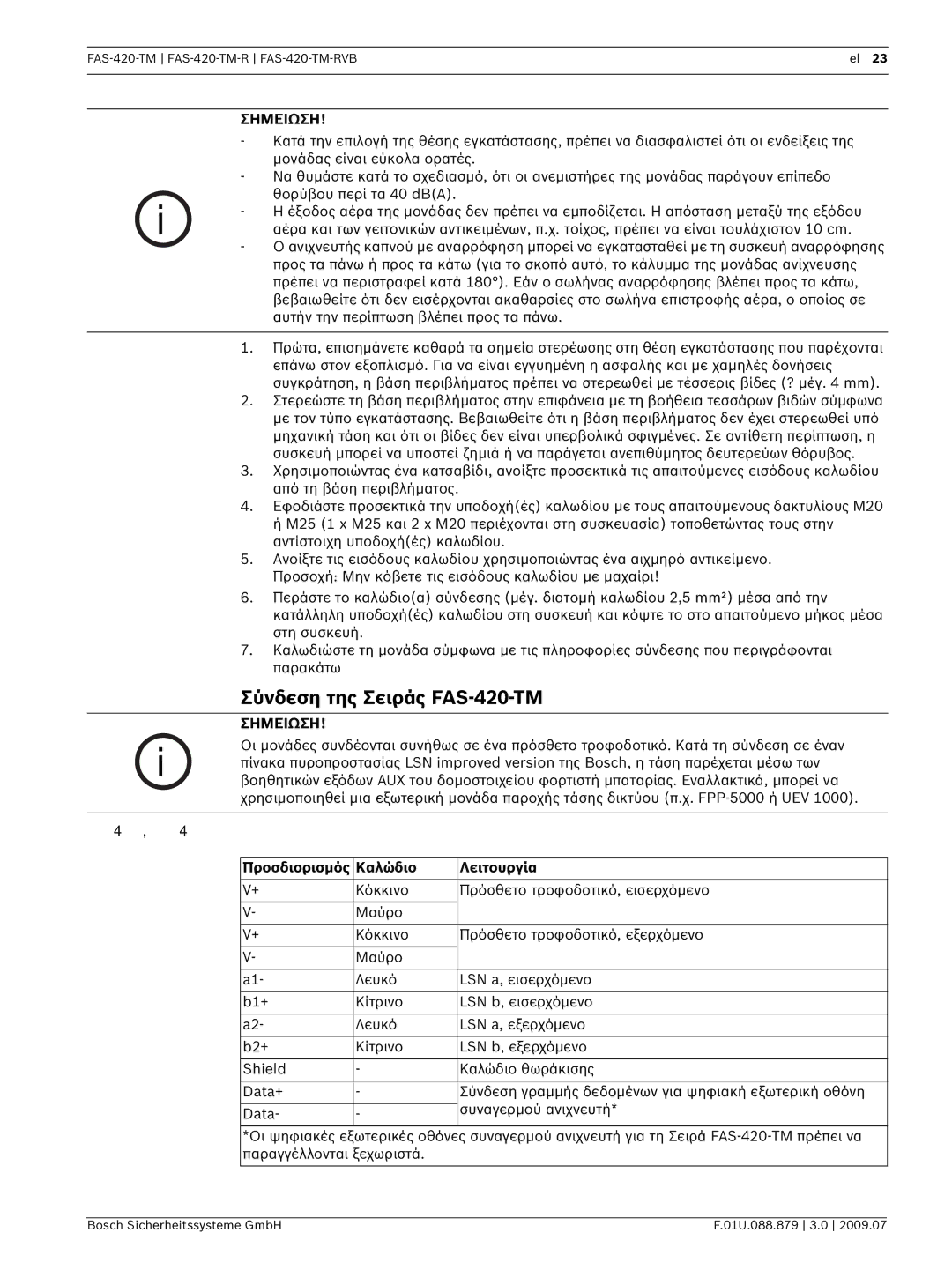 Bosch Appliances FAS-420-TM-RVB manual Σύνδεση της Σειράς FAS-420-TM, Προσδιορισμός Καλώδιο Λειτουργία 