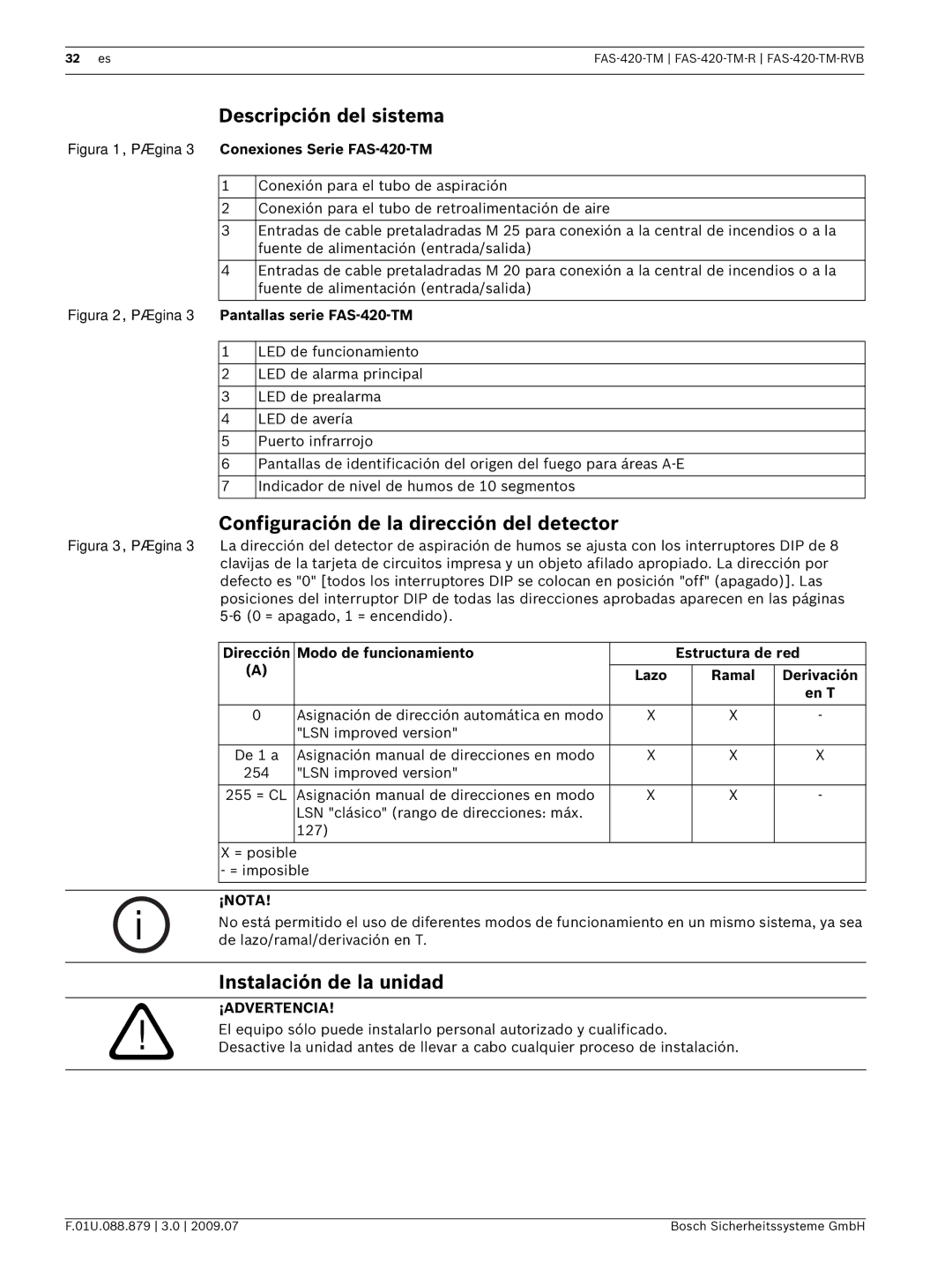 Bosch Appliances FAS-420-TM-R Descripción del sistema, Configuración de la dirección del detector, ¡Nota, ¡Advertencia 