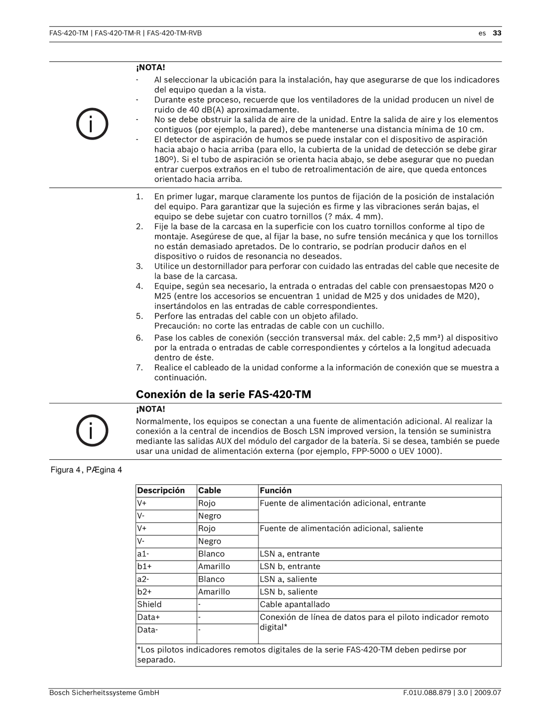 Bosch Appliances FAS-420-TM-RVB manual Conexión de la serie FAS-420-TM, Descripción Cable Función 