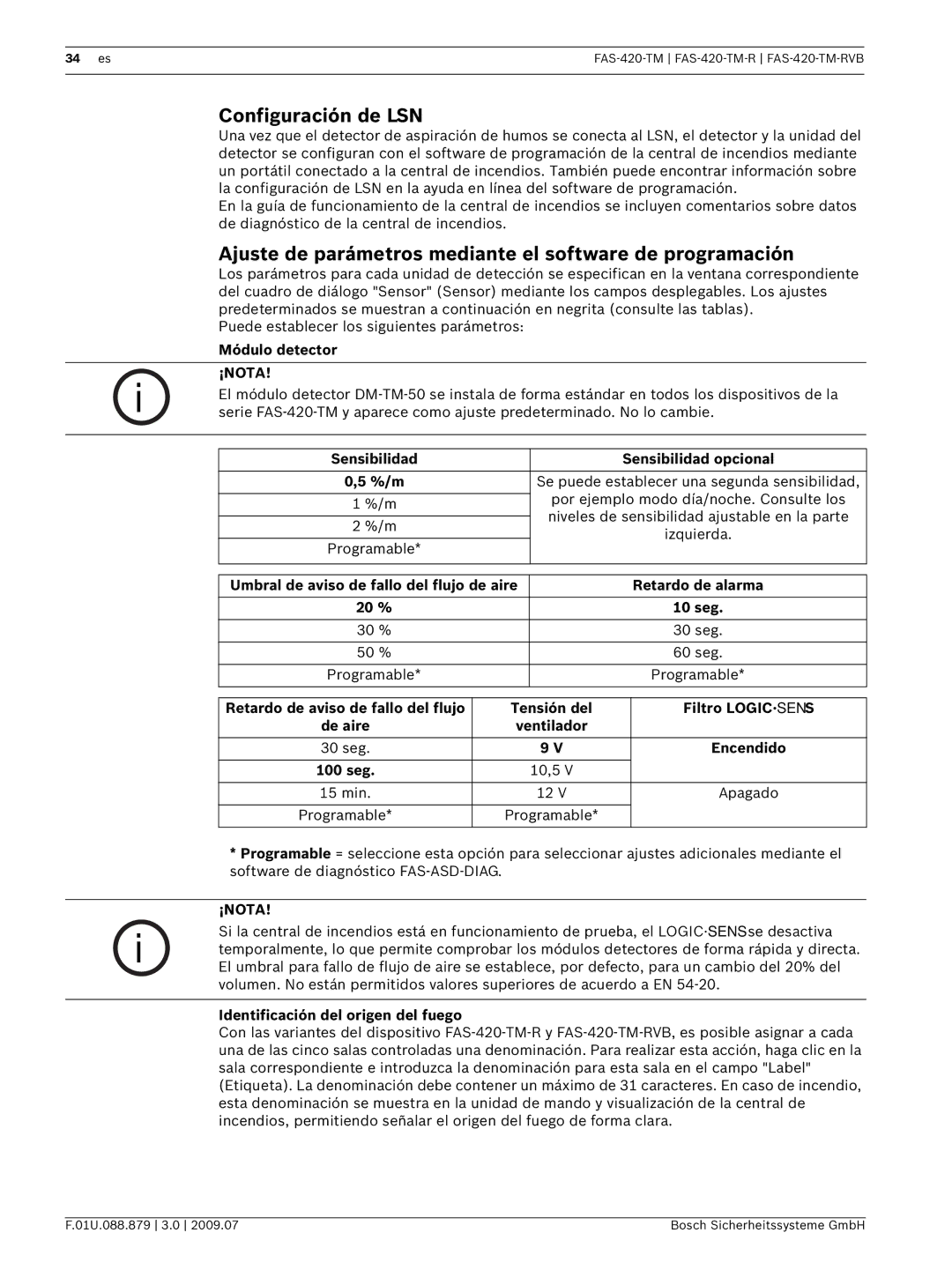 Bosch Appliances FAS-420-TM-R manual Configuración de LSN, Ajuste de parámetros mediante el software de programación 