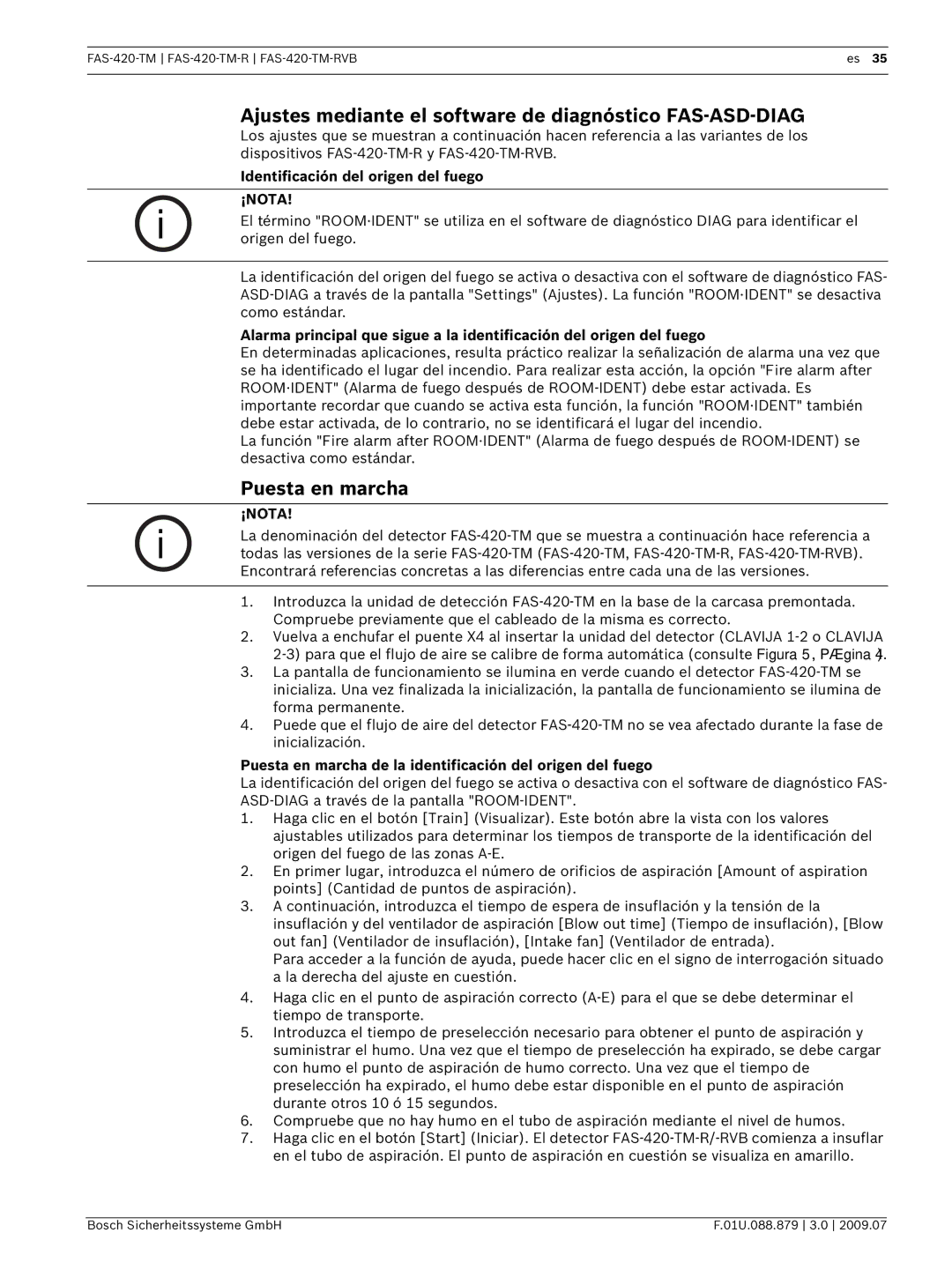 Bosch Appliances FAS-420-TM-RVB manual Ajustes mediante el software de diagnóstico FAS-ASD-DIAG, Puesta en marcha 