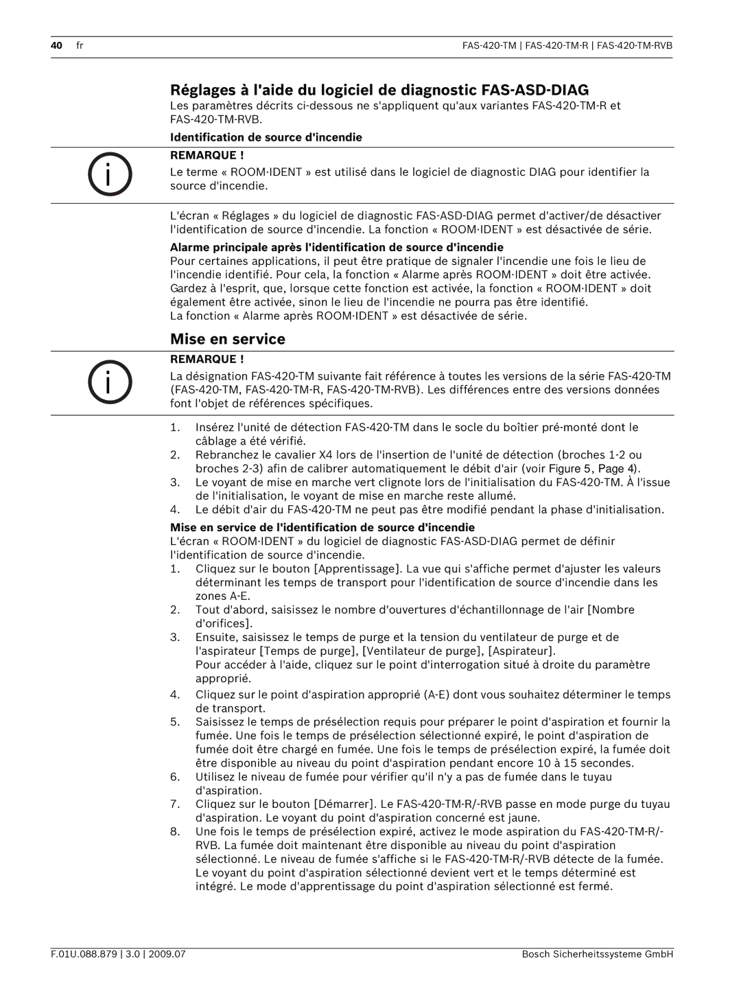 Bosch Appliances FAS-420-TM-RVB manual Réglages à laide du logiciel de diagnostic FAS-ASD-DIAG, Mise en service 