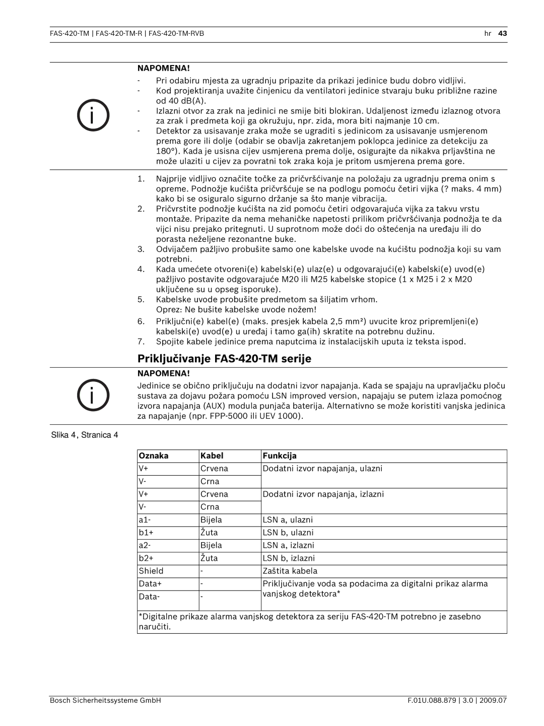 Bosch Appliances FAS-420-TM-RVB manual Priključivanje FAS-420-TM serije, Oznaka Kabel Funkcija 