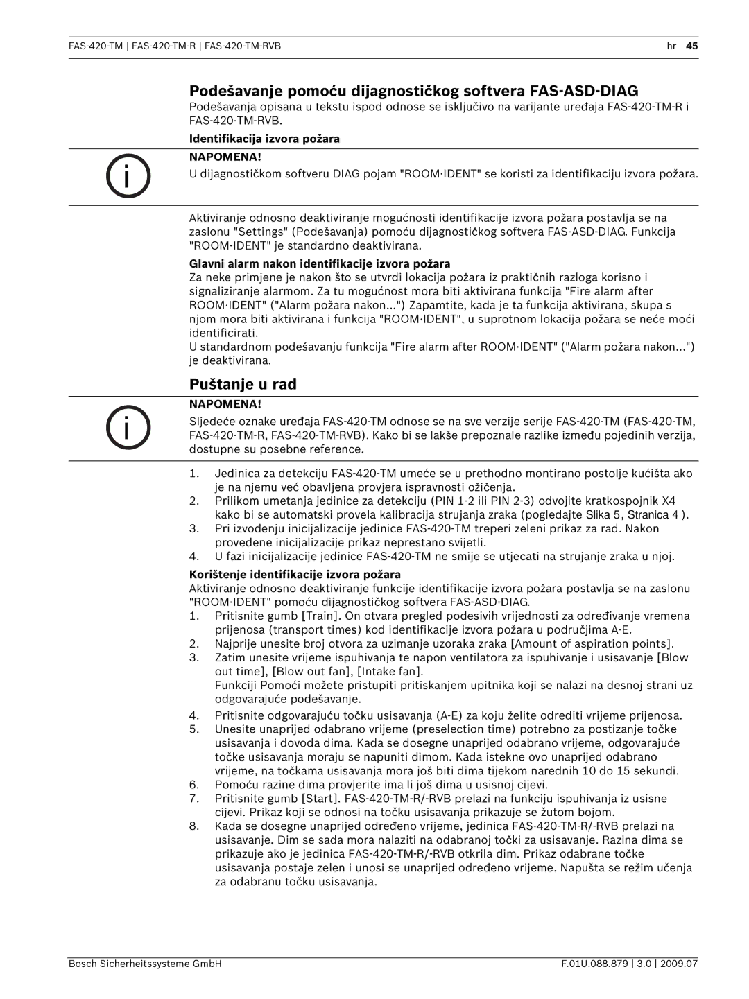 Bosch Appliances FAS-420-TM-RVB manual Podešavanje pomoću dijagnostičkog softvera FAS-ASD-DIAG, Puštanje u rad 