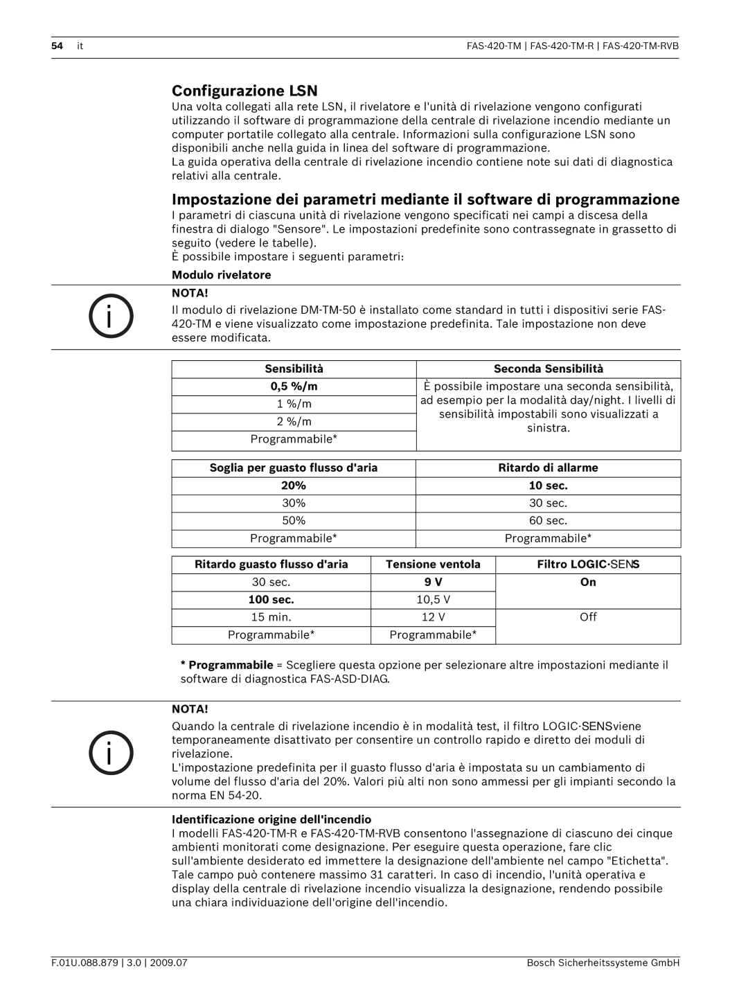 Bosch Appliances FAS-420-TM-RVB manual Configurazione LSN, Modulo rivelatore, Sensibilità Seconda Sensibilità %/m 