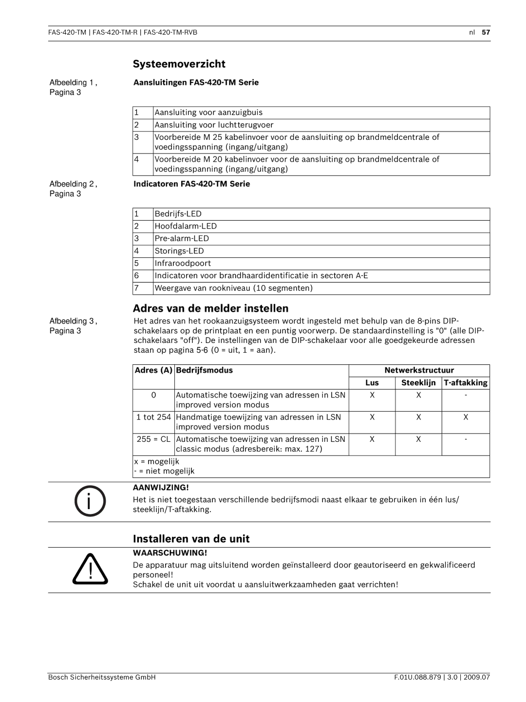 Bosch Appliances FAS-420-TM-RVB manual Systeemoverzicht, Adres van de melder instellen, Installeren van de unit 