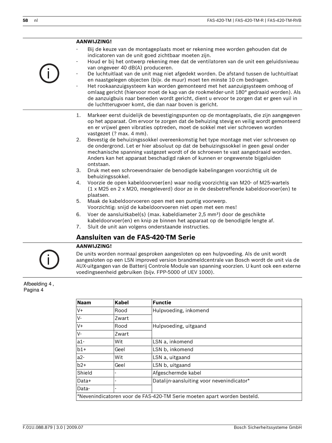 Bosch Appliances FAS-420-TM-RVB manual Aansluiten van de FAS-420-TM Serie, Naam Kabel Functie 