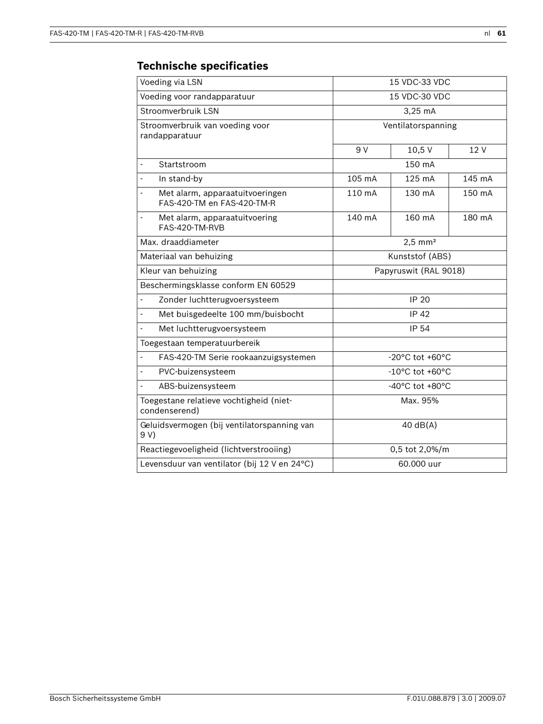 Bosch Appliances FAS-420-TM-RVB manual Technische specificaties 