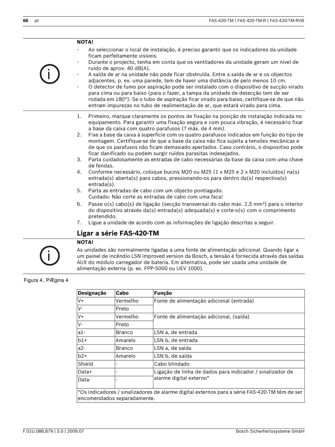 Bosch Appliances FAS-420-TM-RVB manual Ligar a série FAS-420-TM, Designação Cabo Função 