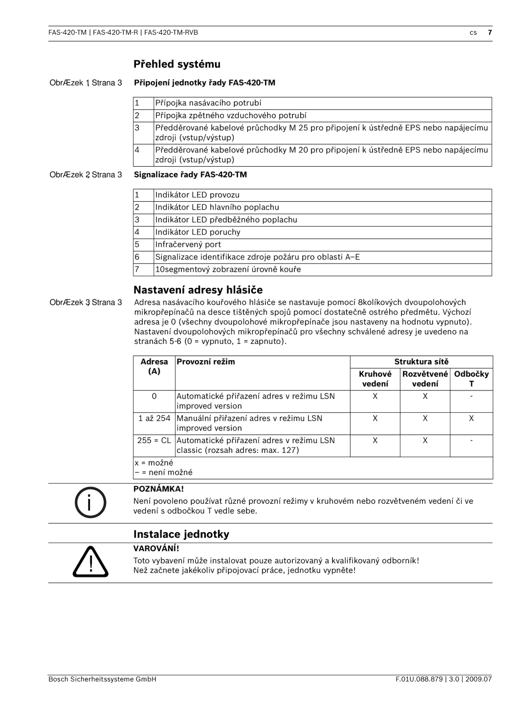 Bosch Appliances FAS-420-TM manual Přehled systému, Nastavení adresy hlásiče, Instalace jednotky, Poznámka, Varování 