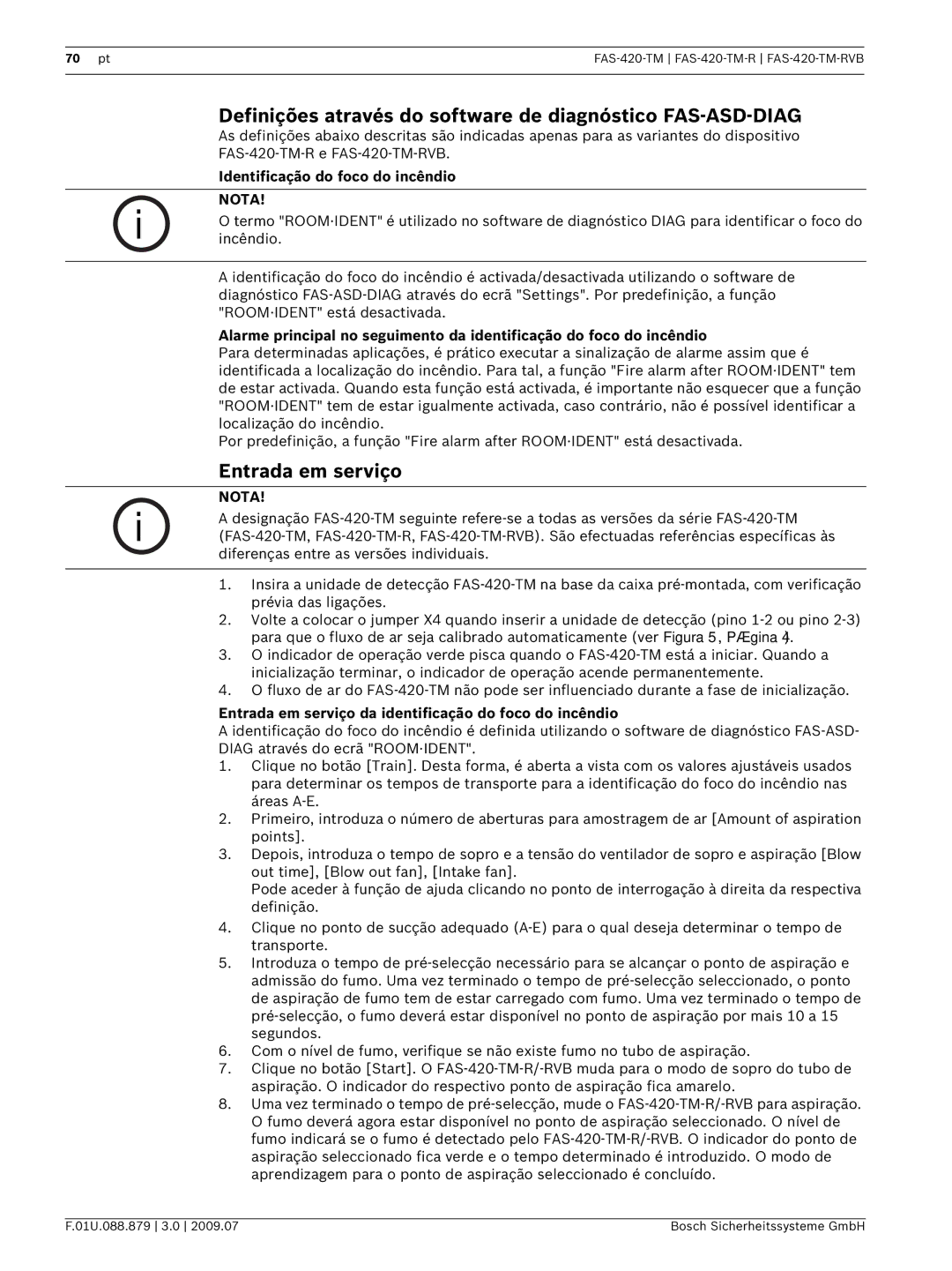 Bosch Appliances FAS-420-TM-RVB manual Definições através do software de diagnóstico FAS-ASD-DIAG, Entrada em serviço 