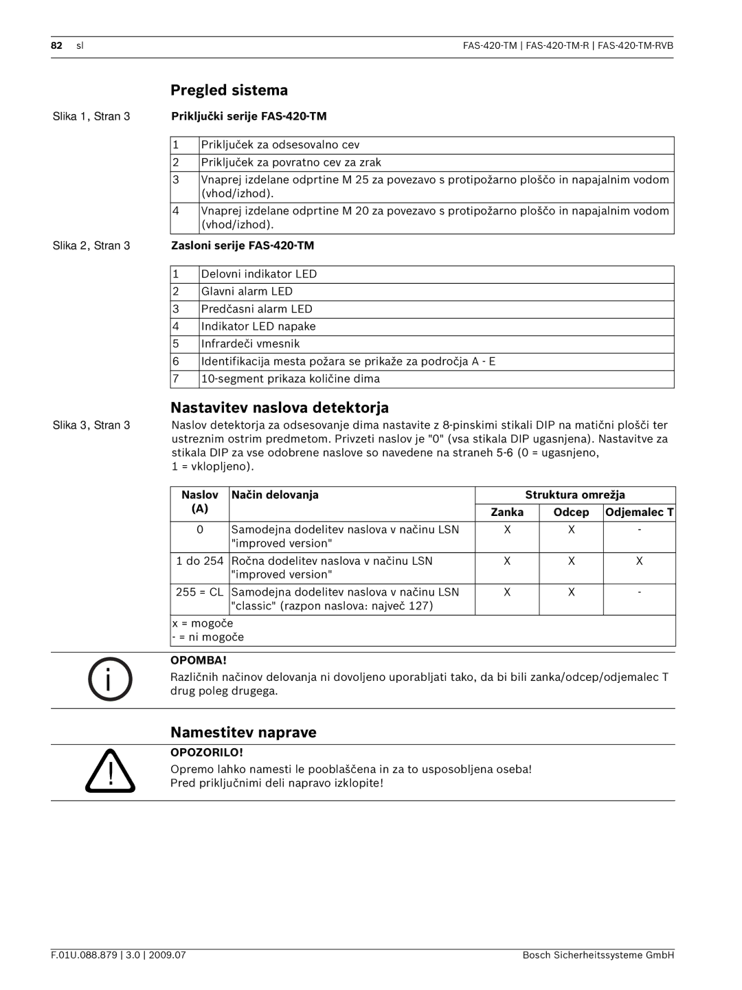 Bosch Appliances FAS-420-TM manual Pregled sistema, Nastavitev naslova detektorja, Namestitev naprave, Opomba, Opozorilo 