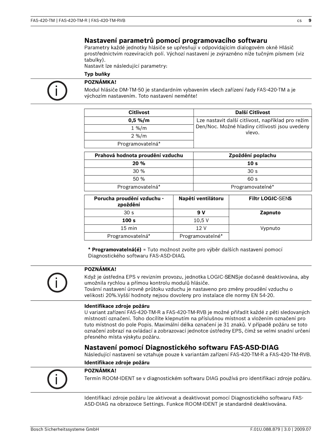 Bosch Appliances FAS-420-TM-RVB manual Nastavení parametrů pomocí programovacího softwaru 