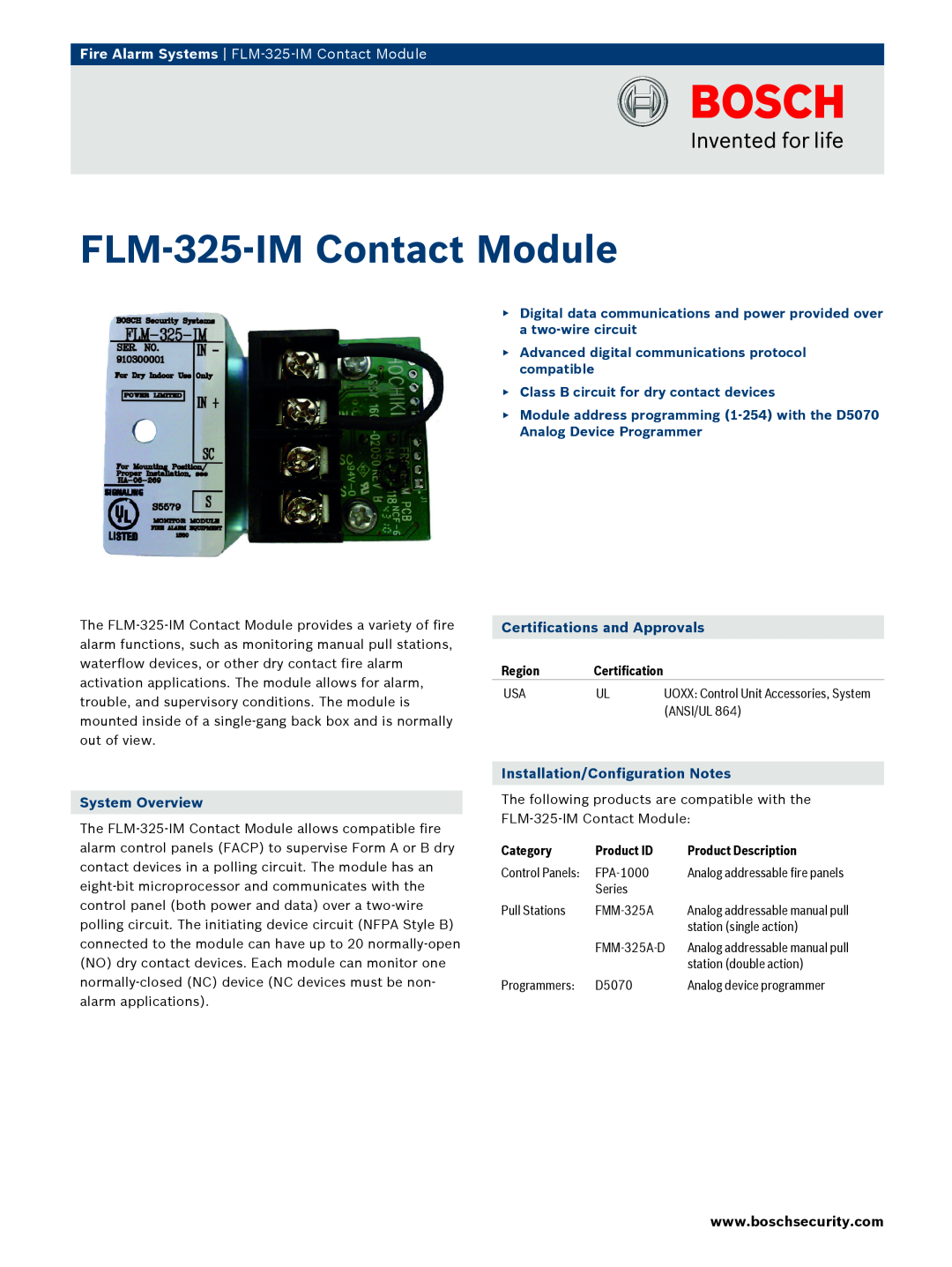 Bosch Appliances FLM325IM manual Fire Alarm Systems FLM‑325‑IM Contact Module, System Overview, Region, Category 