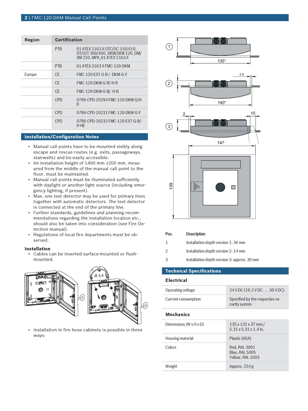 Bosch Appliances FMC-120-DKM manual Installation/Configuration Notes, Technical Specifications, Electrical, Mechanics 