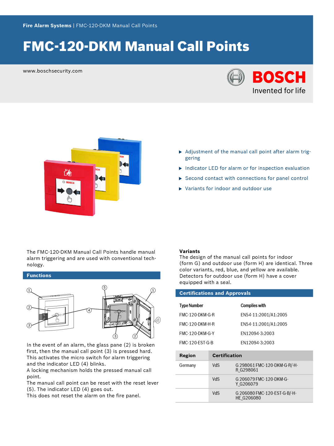 Bosch Appliances FMC-120-DKM manual Fire Alarm Systems FMC‑120‑DKM Manual Call Points, Functions, Variants 