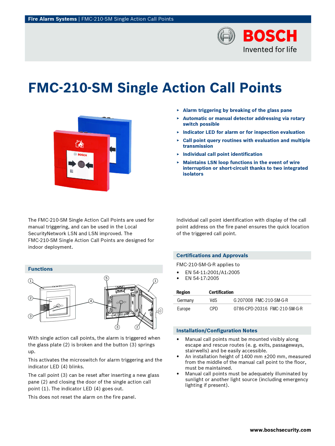 Bosch Appliances FMC210SM manual Functions, Certifications and Approvals, Installation/Configuration Notes 