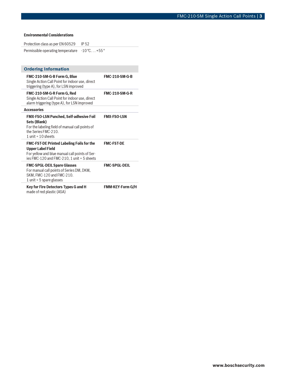 Bosch Appliances FMC210SM manual Ordering Information, Fmx-Fso-Lsn 