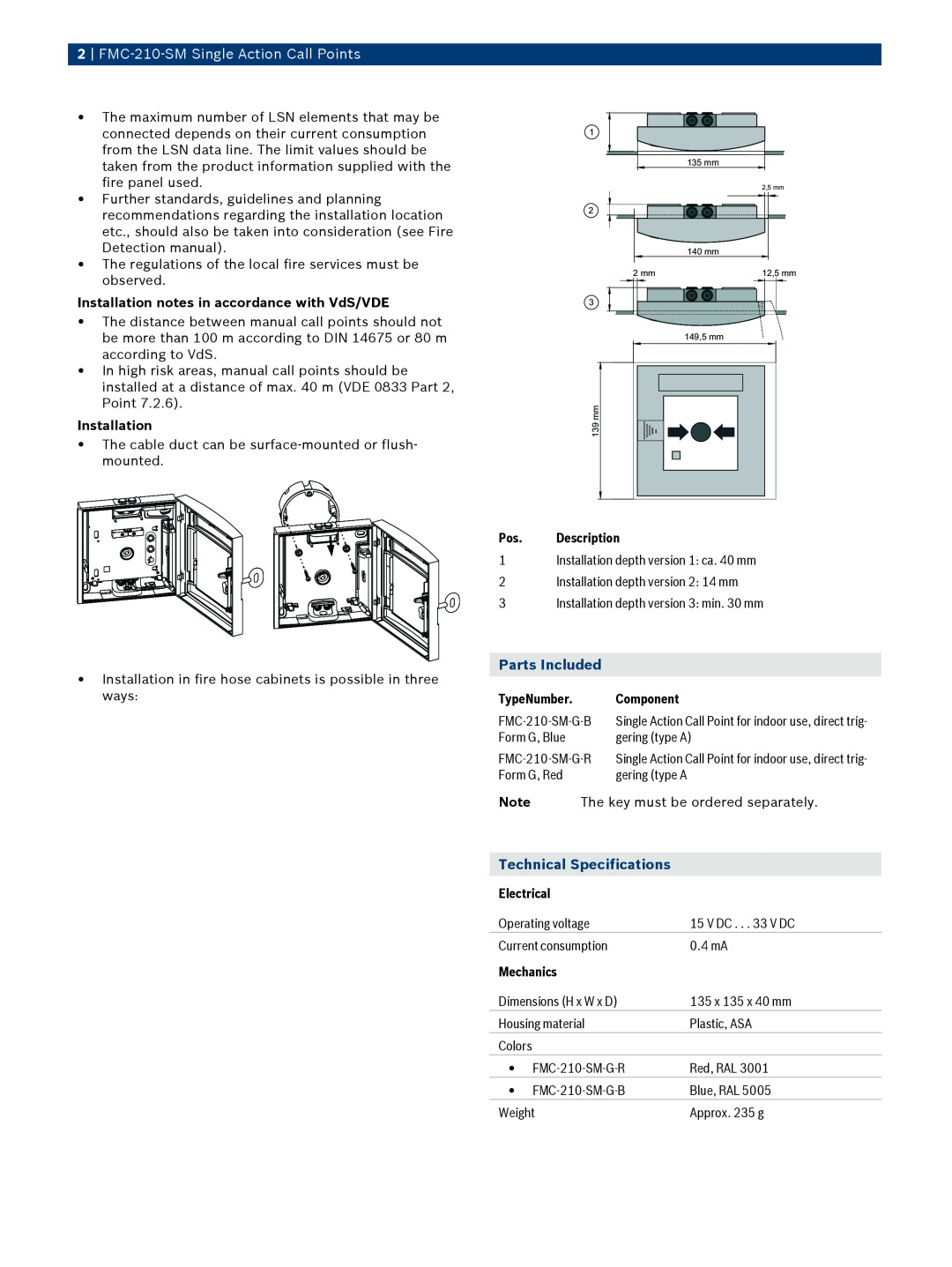 Bosch Appliances FMC210SM manual FMC‑210‑SM Single Action Call Points, Parts Included, Technical Specifications 