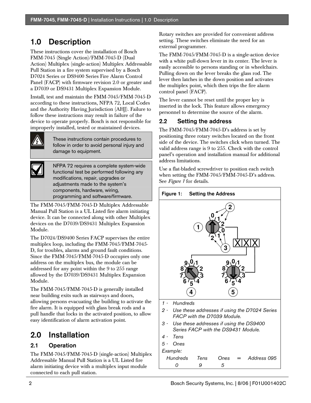 Bosch Appliances FMM-7045-D installation instructions Description, Installation, Operation, Setting the address 