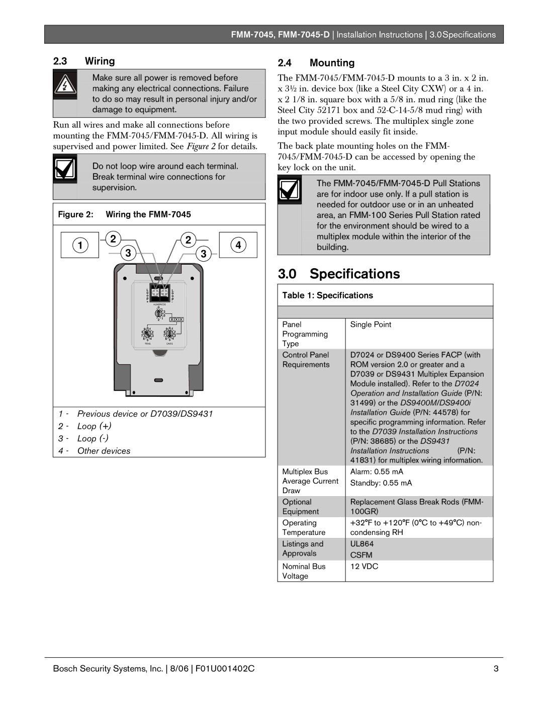 Bosch Appliances FMM-7045-D installation instructions Specifications, Wiring, Mounting 