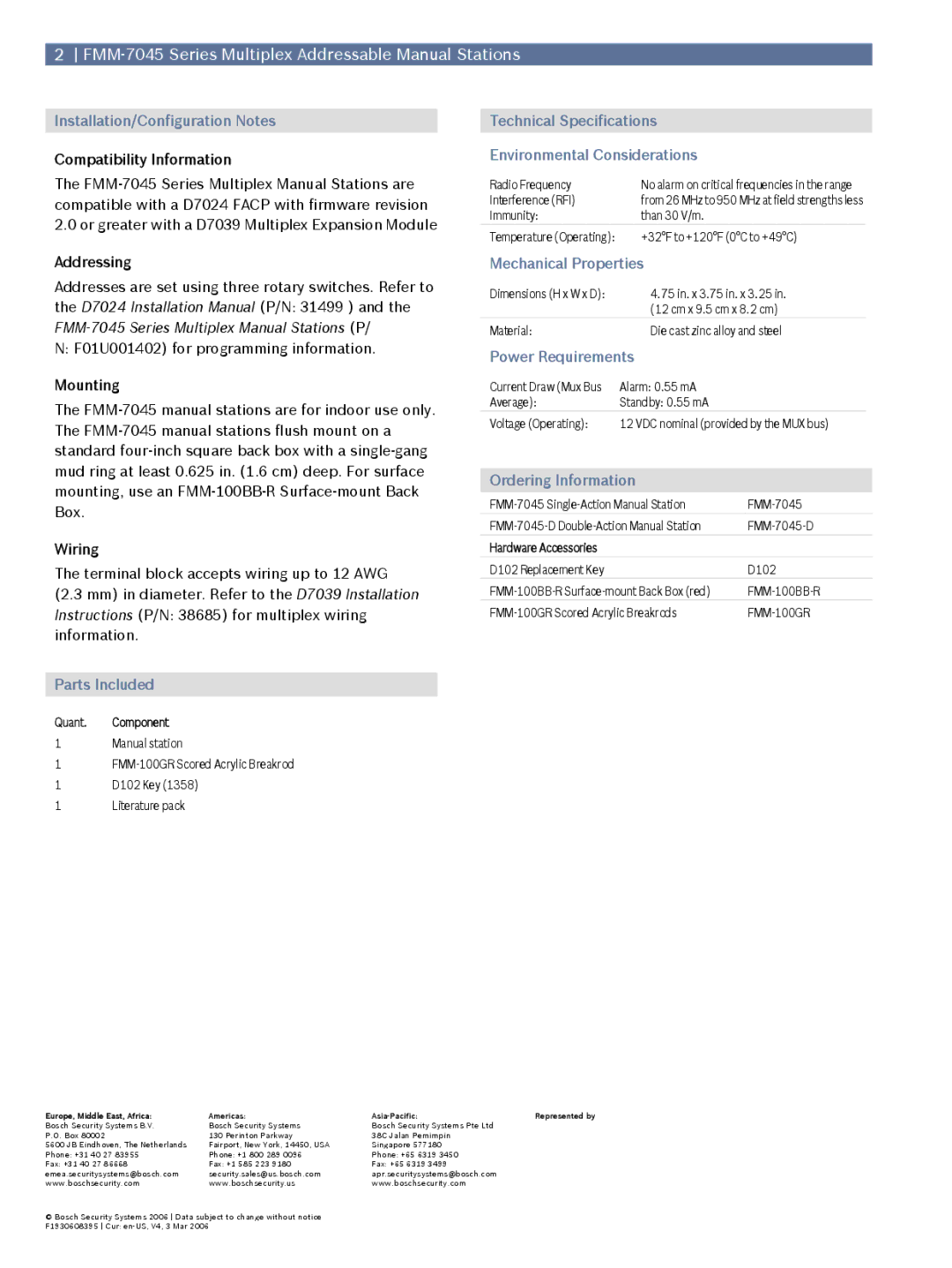 Bosch Appliances FMM-7045 Series Installation/Configuration Notes, Technical Specifications Environmental Considerations 