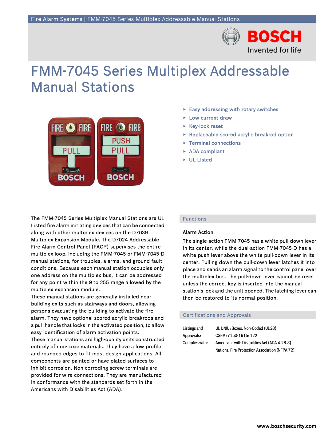 Bosch Appliances FMM-7045 Series manual Easy addressing with rotary switches Low current draw Key-lock reset, Alarm Action 