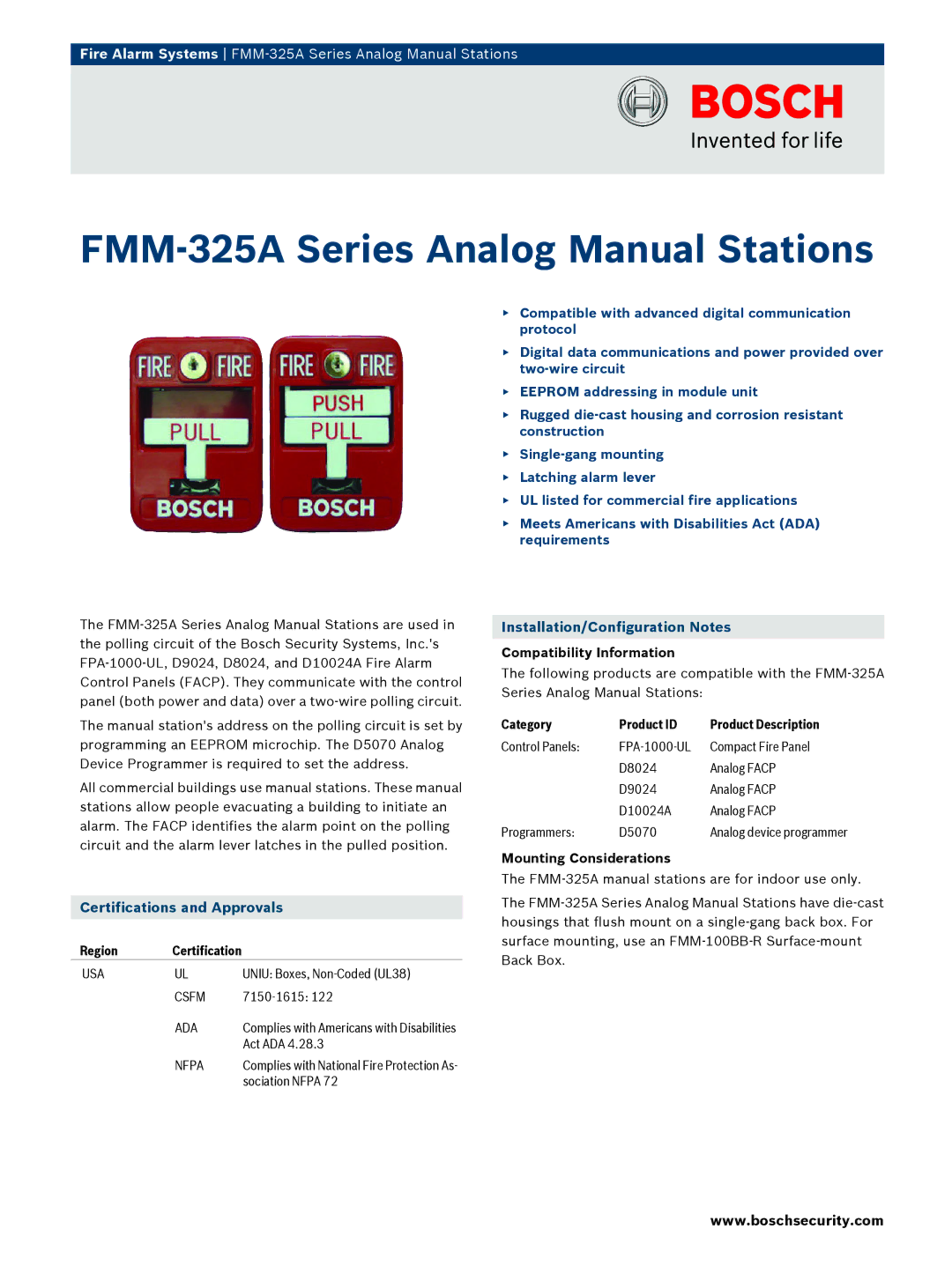 Bosch Appliances FMM325A manual Certifications and Approvals, Installation/Configuration Notes 