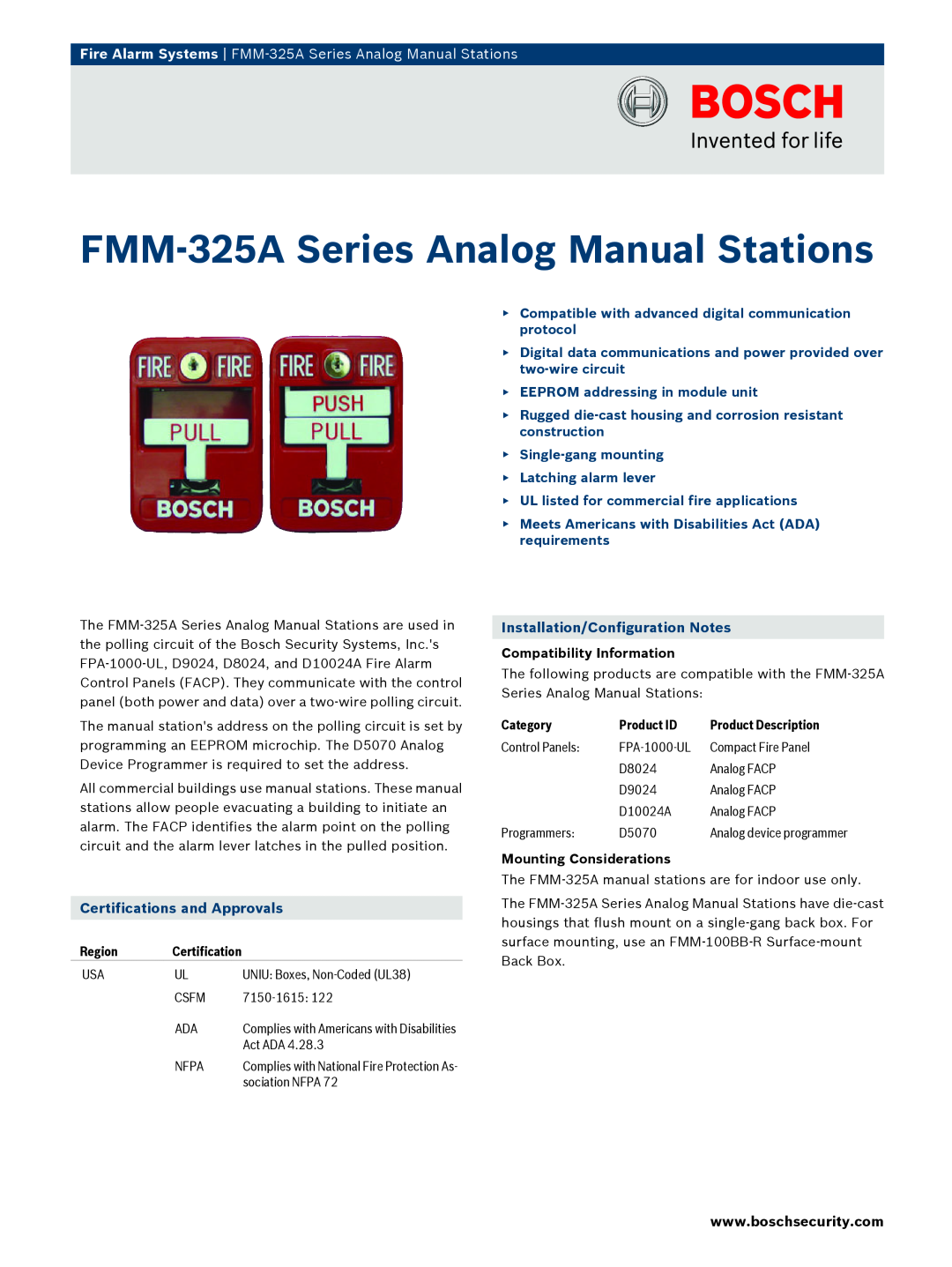 Bosch Appliances FMM325A manual Fire Alarm Systems FMM‑325A Series Analog Manual Stations, Certifications and Approvals 