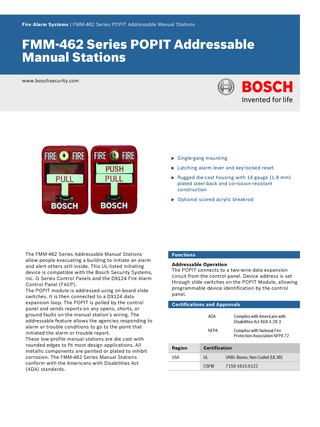 Bosch Appliances FMM462 manual Fire Alarm Systems FMM‑462 Series POPIT Addressable Manual Stations, Functions 