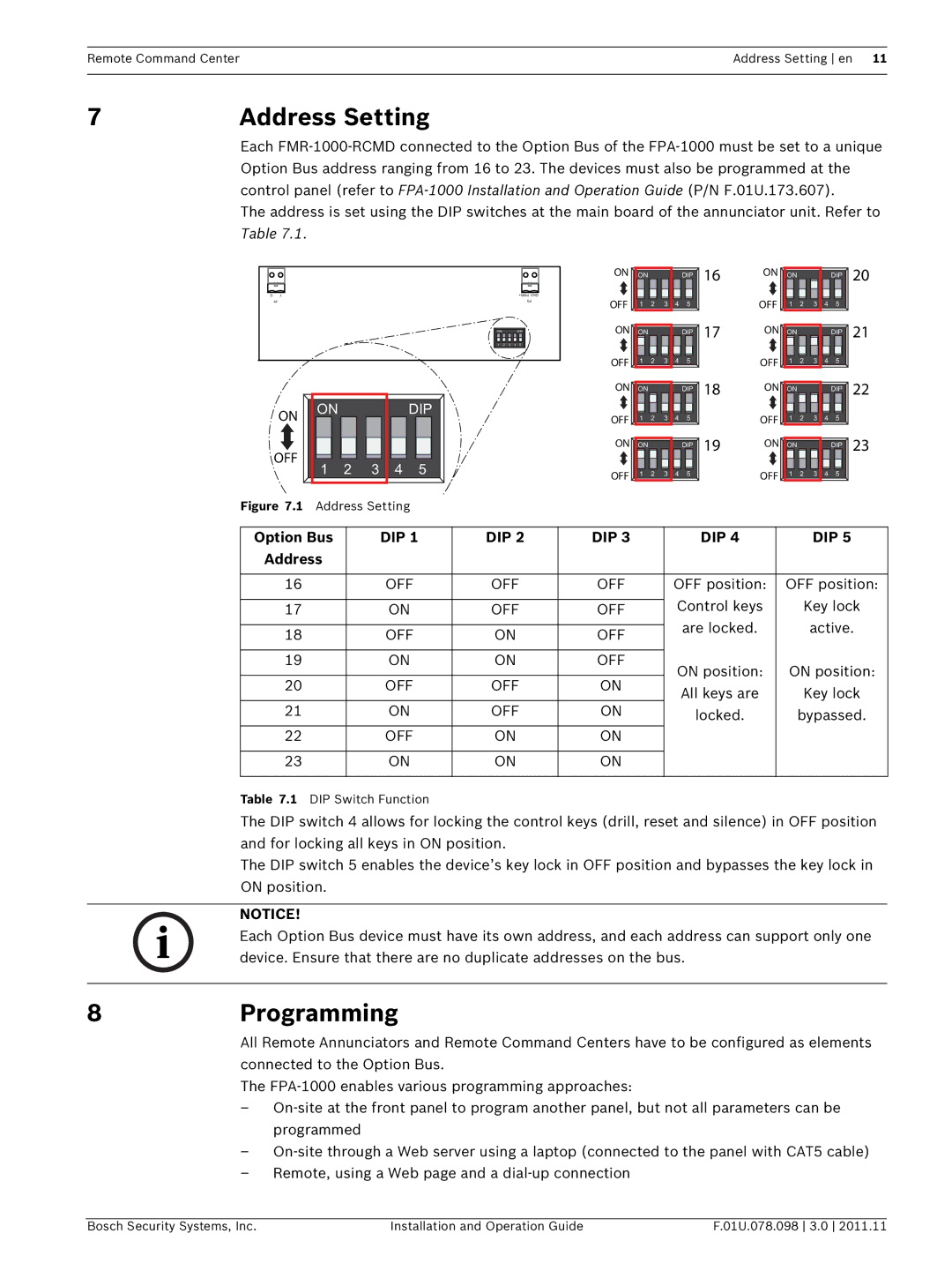 Bosch Appliances FMR-1000-RCMD installation and operation guide 7Address Setting, 8Programming, Option Bus, Dip 